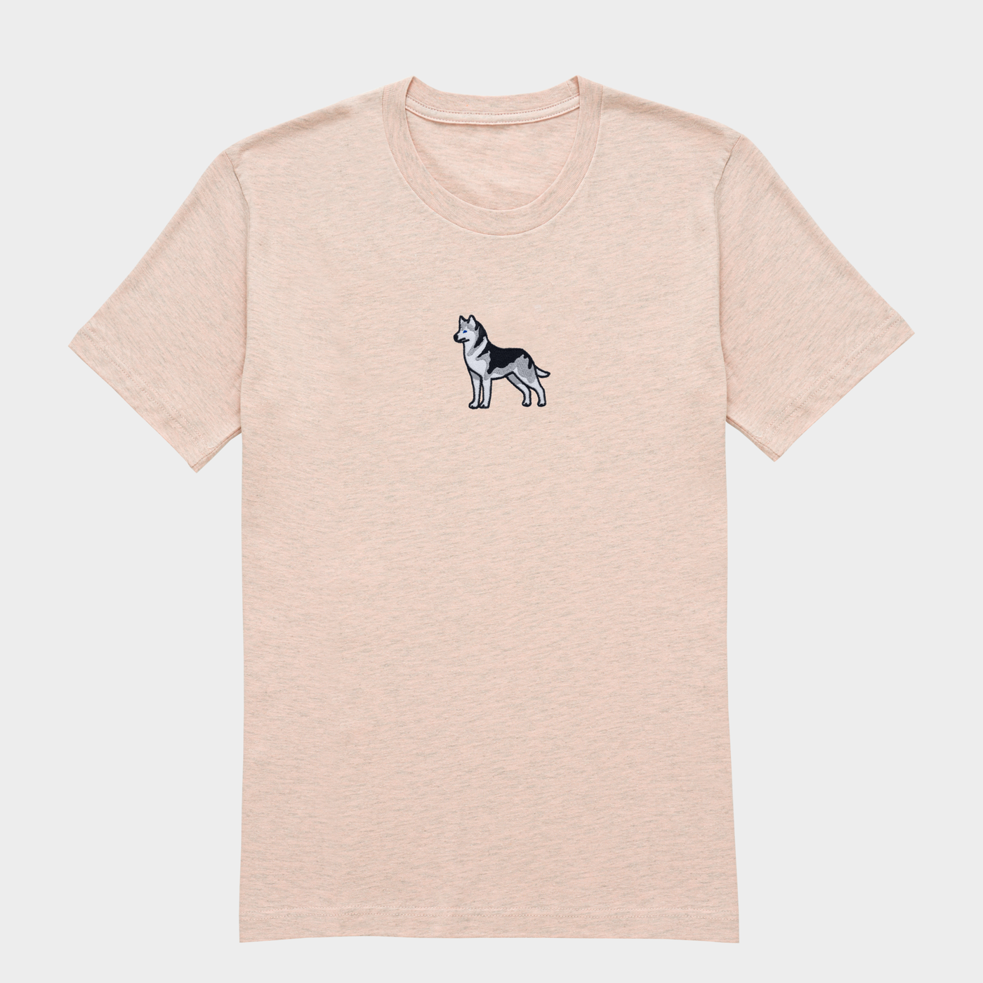 Bobby's Planet Women's Embroidered Siberian Husky T-Shirt from Paws Dog Cat Animals Collection in Heather Prism Peach Color#color_heather-prism-peach