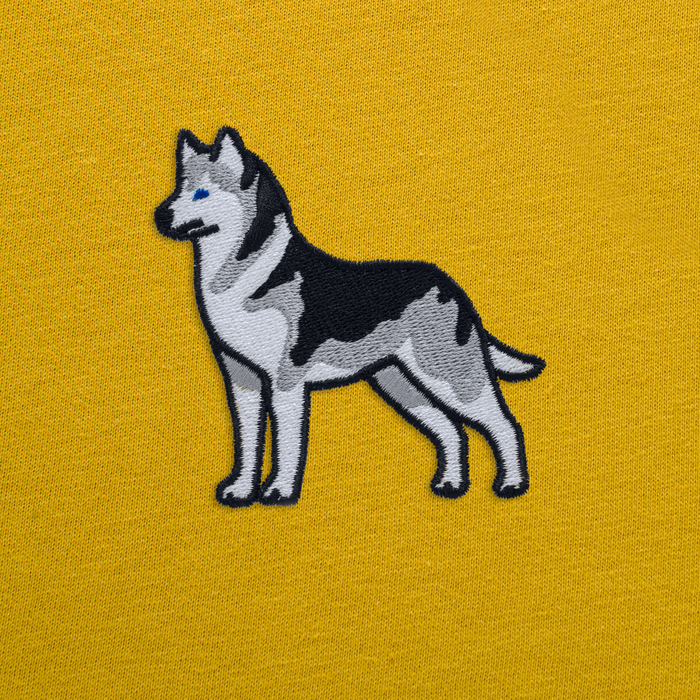 Bobby's Planet Women's Embroidered Siberian Husky T-Shirt from Paws Dog Cat Animals Collection in Mustard Color#color_mustard