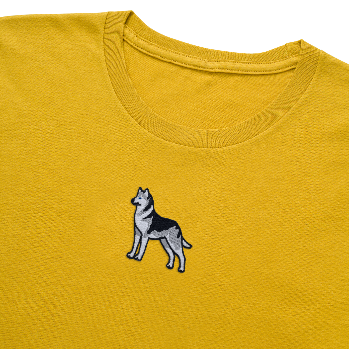 Bobby's Planet Women's Embroidered Siberian Husky T-Shirt from Paws Dog Cat Animals Collection in Mustard Color#color_mustard