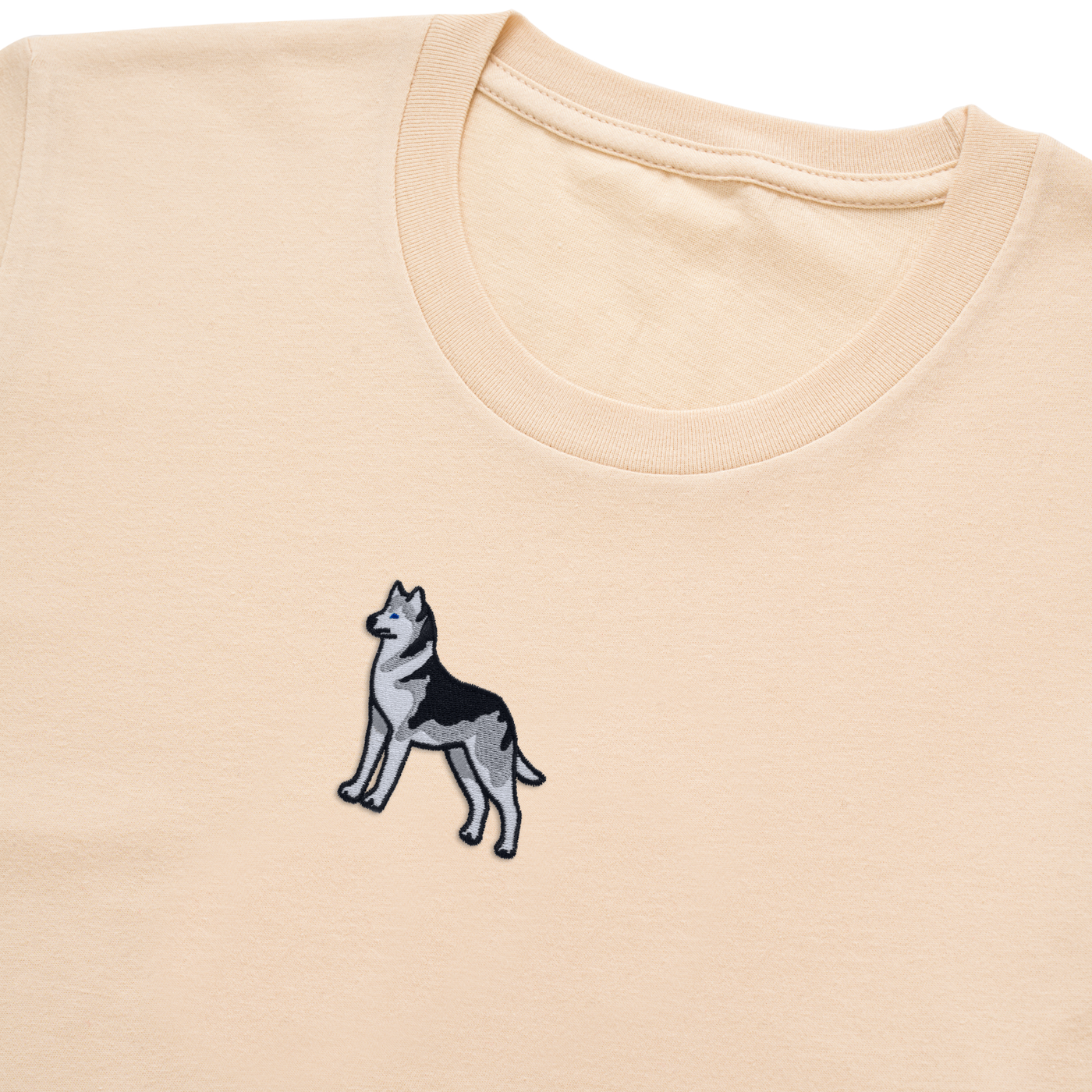 Bobby's Planet Women's Embroidered Siberian Husky T-Shirt from Paws Dog Cat Animals Collection in Soft Cream Color#color_soft-cream