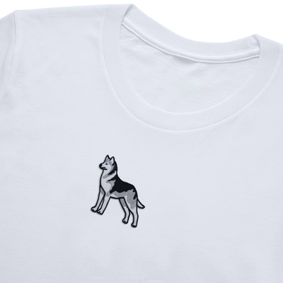 Bobby's Planet Women's Embroidered Siberian Husky T-Shirt from Paws Dog Cat Animals Collection in White Color#color_white