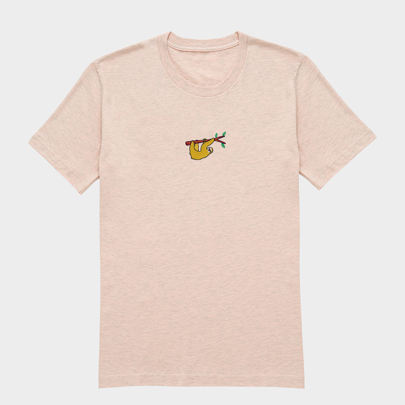 Bobby's Planet Women's Embroidered Sloth T-Shirt from South American Amazon Animals Collection in Heather Prism Peach Color#color_heather-prism-peach