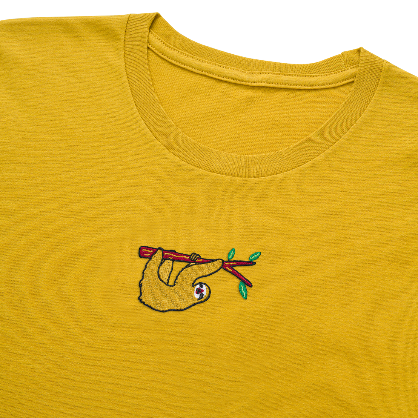 Bobby's Planet Women's Embroidered Sloth T-Shirt from South American Amazon Animals Collection in Mustard Color#color_mustard