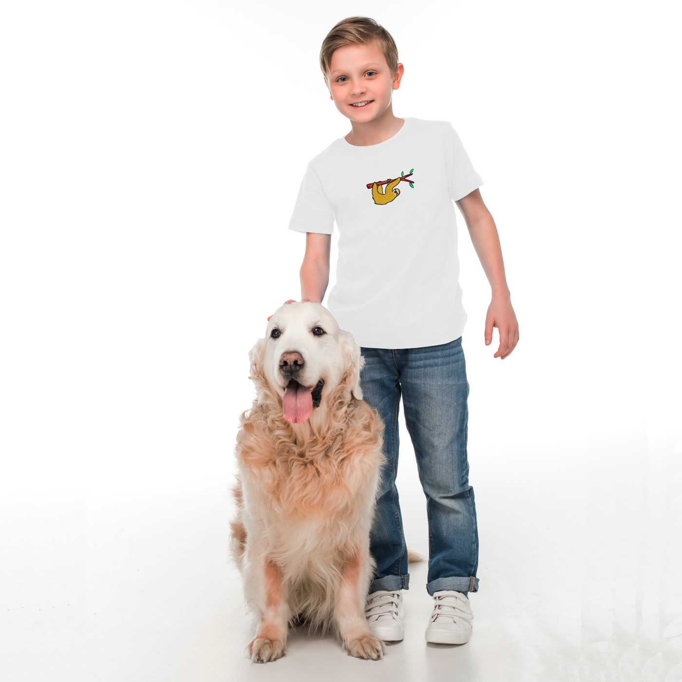 Bobby's Planet Kids Embroidered Sloth T-Shirt from South American Amazon Animals Collection in White Color#color_white