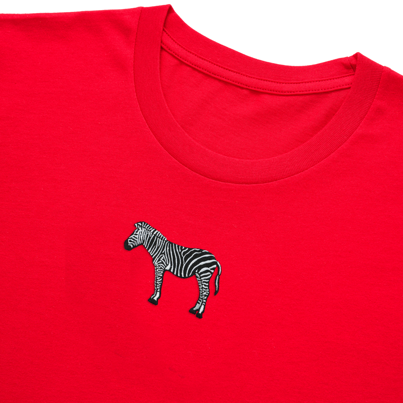 Bobby's Planet Women's Embroidered Zebra T-Shirt from African Animals Collection in Red Color#color_red