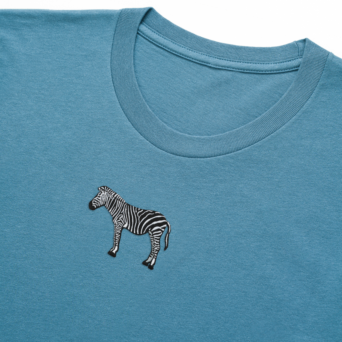 Bobby's Planet Men's Embroidered Zebra T-Shirt from African Animals Collection in Steel Blue Color#color_steel-blue