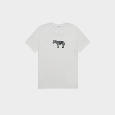 Bobby's Planet Kids Embroidered Zebra T-Shirt from African Animals Collection in White Color#color_white