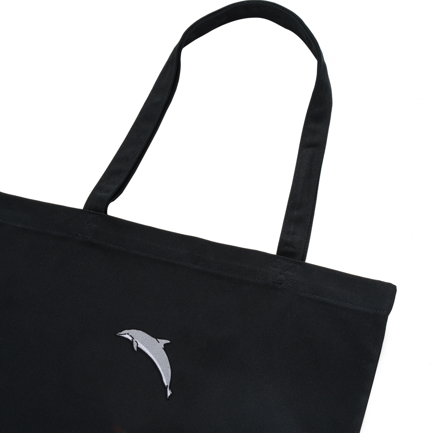 Bobby's Planet Embroidered Dolphin Tote Bag from Seven Seas Fish Animals Collection in Black Color#color_black