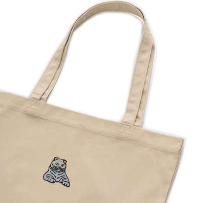 Bobby's Planet Embroidered Scottish Fold Tote Bag from Paws Dog Cat Animals Collection in Oyster Color#color_oyster