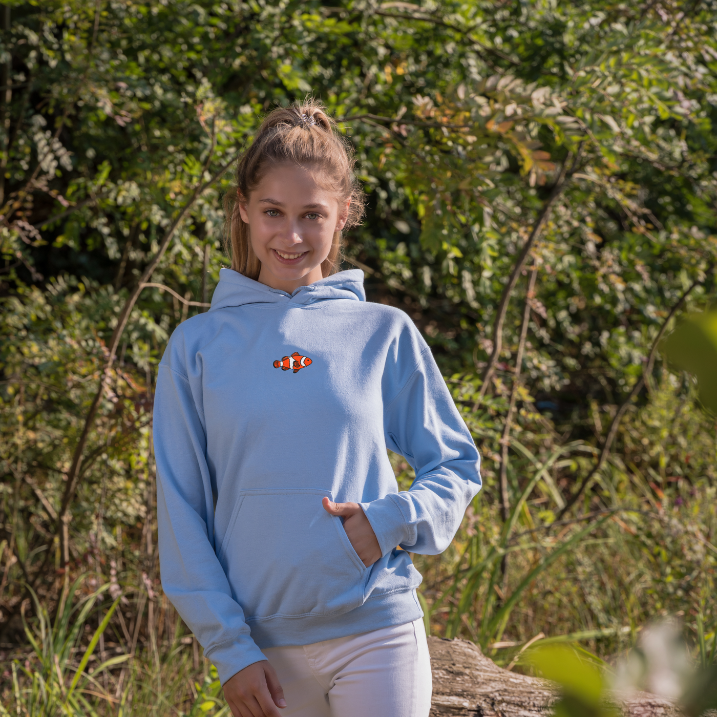 Bobby's Planet Women's Embroidered Clownfish Hoodie from Seven Seas Fish Animals Collection in Light Blue Color#color_light-blue