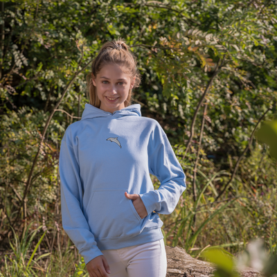 Bobby's Planet Women's Embroidered Dolphin Hoodie from Seven Seas Fish Animals Collection in Light Blue Color#color_light-blue