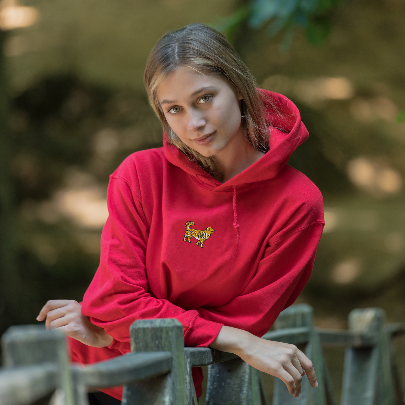 Bobby's Planet Women's Embroidered Golden Retriever Hoodie from Paws Dog Cat Animals Collection in Red Color#color_red