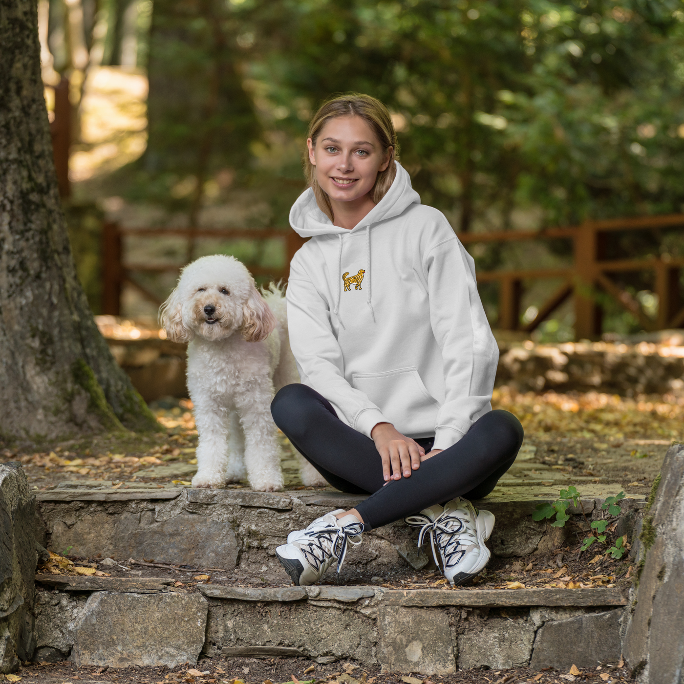 Bobby's Planet Women's Embroidered Golden Retriever Hoodie from Paws Dog Cat Animals Collection in White Color#color_white