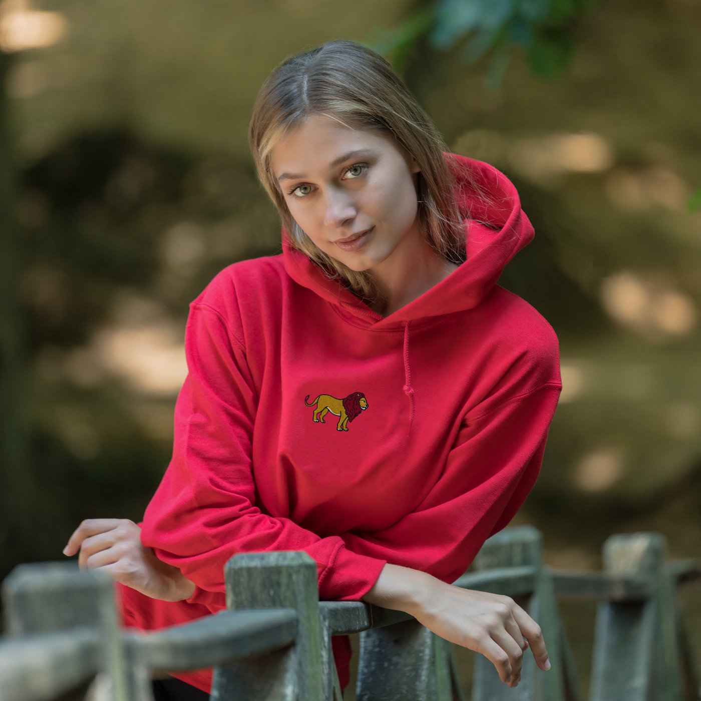 Bobby's Planet Women's Embroidered Lion Hoodie from African Animals Collection in Red Color#color_red