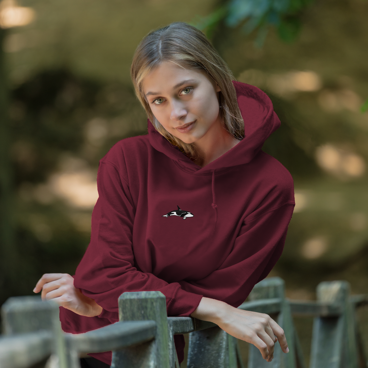 Bobby's Planet Women's Embroidered Orca Hoodie from Seven Seas Fish Animals Collection in Maroon Color#color_maroon