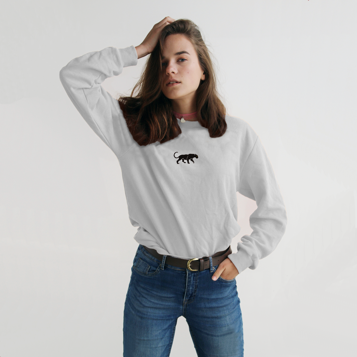 Bobby's Planet Women's Embroidered Black Jaguar Long Sleeve Shirt from South American Amazon Animals Collection in White Color#color_white