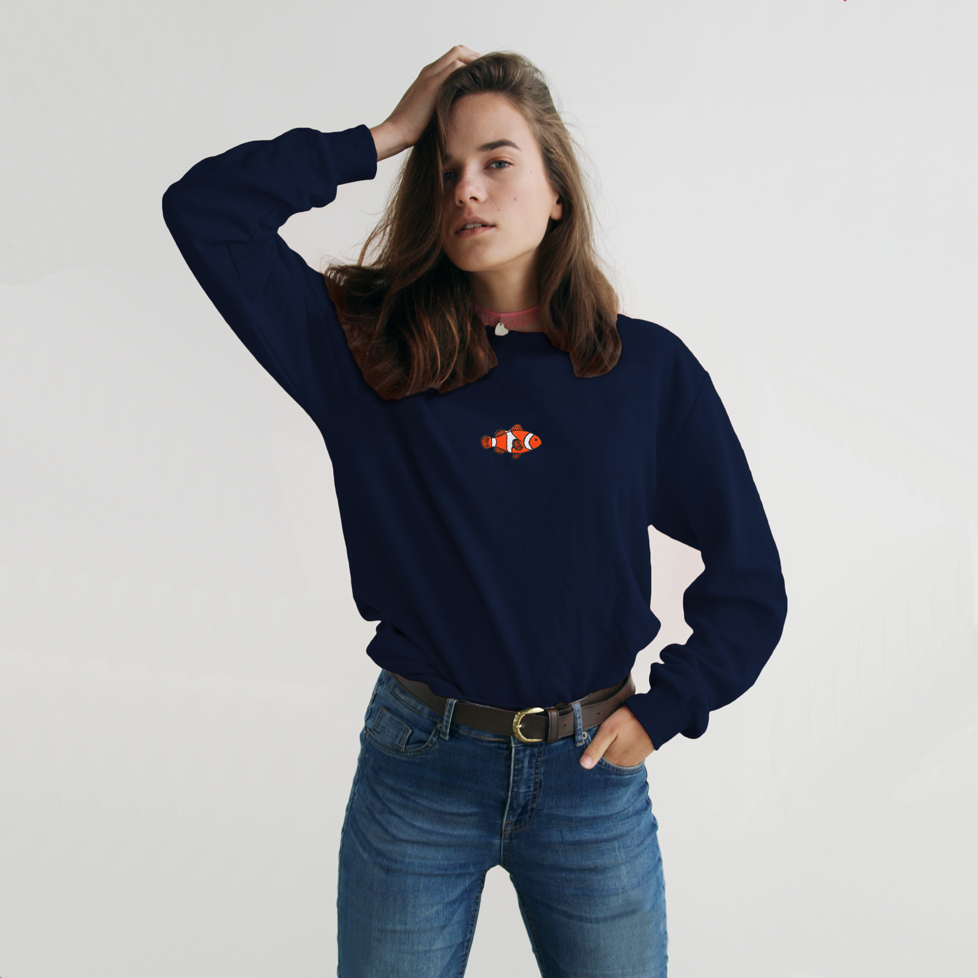 Bobby's Planet Women's Embroidered Clownfish Long Sleeve Shirt from Seven Seas Fish Animals Collection in Navy Color#color_navy