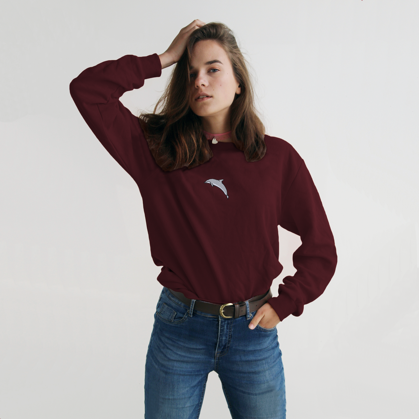 Bobby's Planet Women's Embroidered Dolphin Long Sleeve Shirt from Seven Seas Fish Animals Collection in Maroon Color#color_maroon