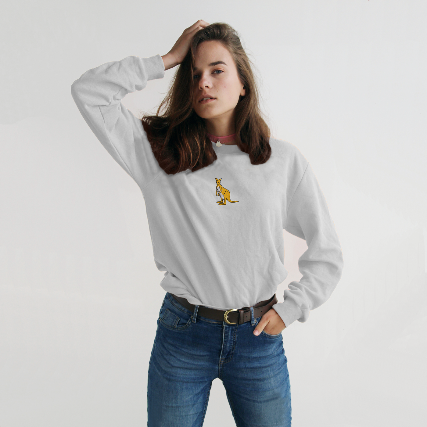 Bobby's Planet Women's Embroidered Kangaroo Long Sleeve Shirt from Australia Down Under Animals Collection in White Color#color_white
