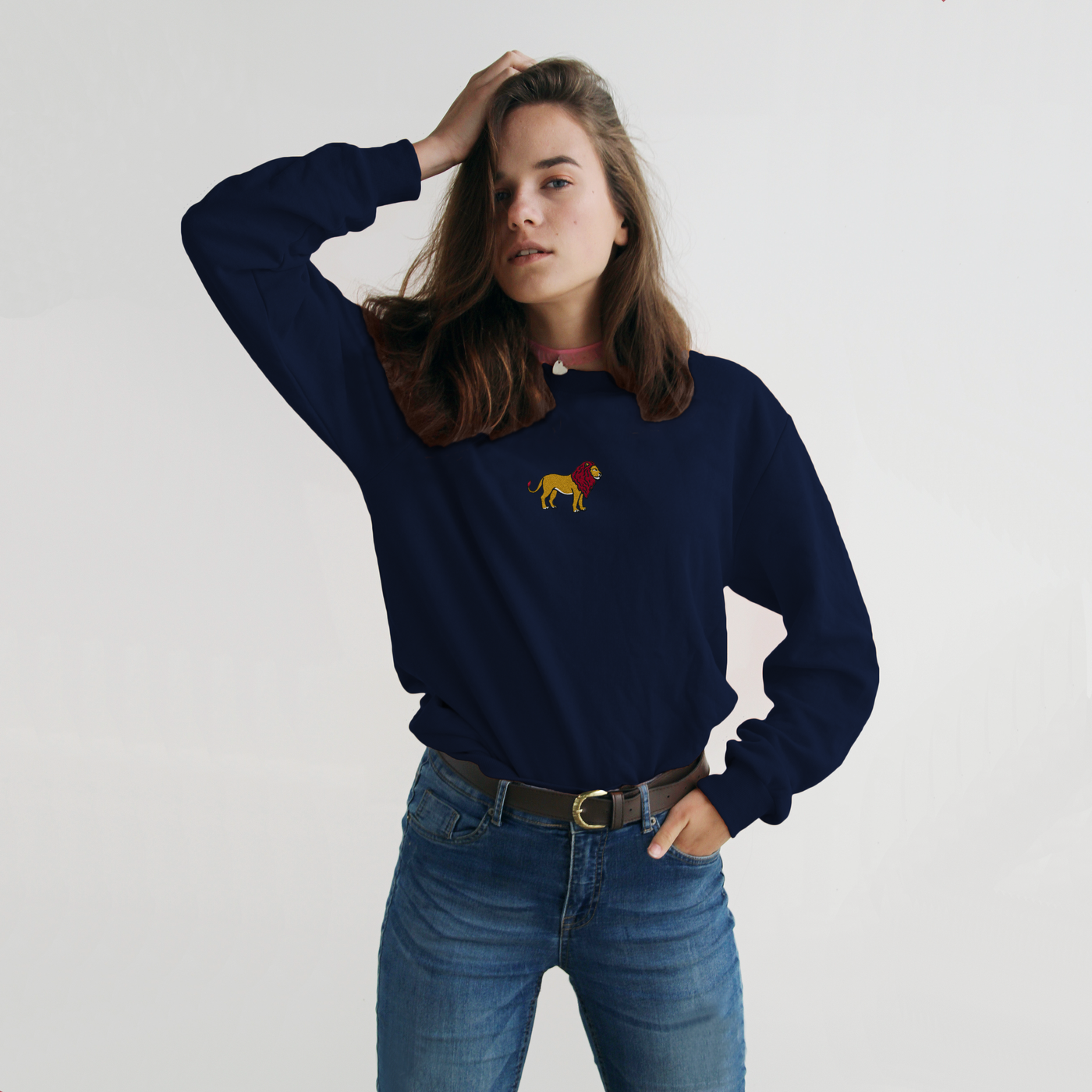 Bobby's Planet Women's Embroidered Lion Long Sleeve Shirt from African Animals Collection in Navy Color#color_navy