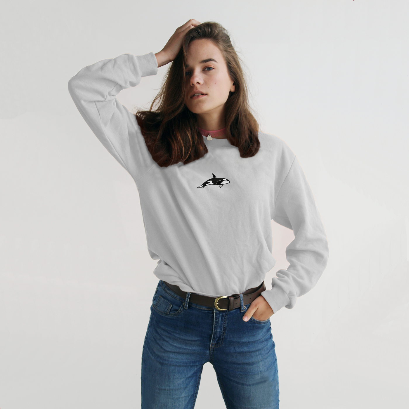 Bobby's Planet Women's Embroidered Orca Long Sleeve Shirt from Seven Seas Fish Animals Collection in White Color#color_white