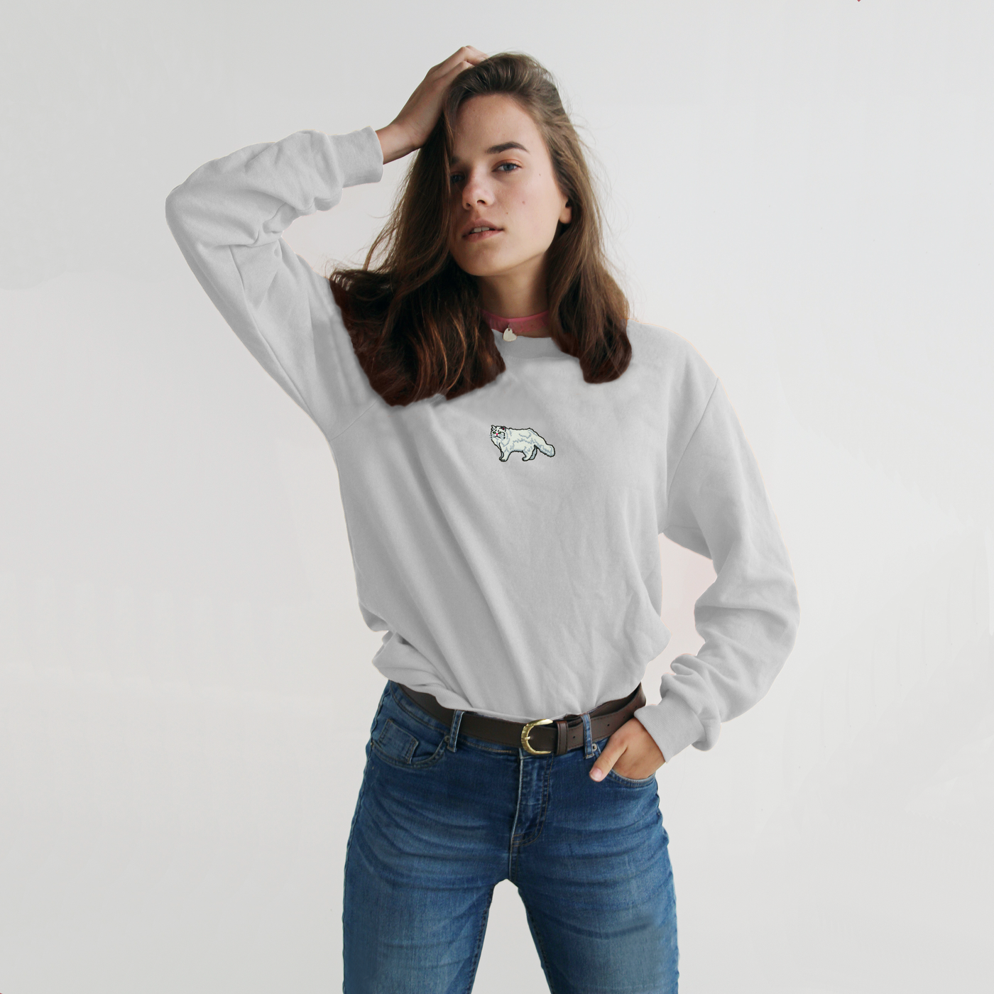 Bobby's Planet Women's Embroidered Persian Long Sleeve Shirt from Paws Dog Cat Animals Collection in White Color#color_white