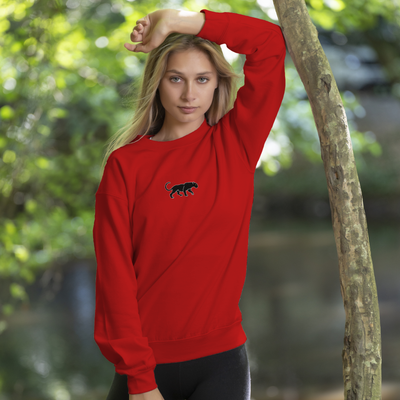 Bobby's Planet Women's Embroidered Black Jaguar Sweatshirt from South American Amazon Animals Collection in Red Color#color_red