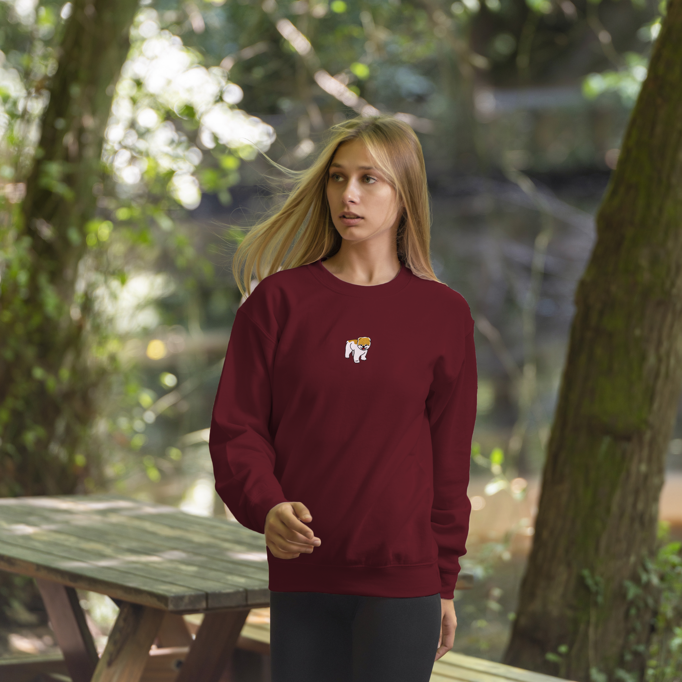 Bobby's Planet Women's Embroidered Pomeranian Sweatshirt from Paws Dog Cat Animals Collection in Maroon Color#color_maroon