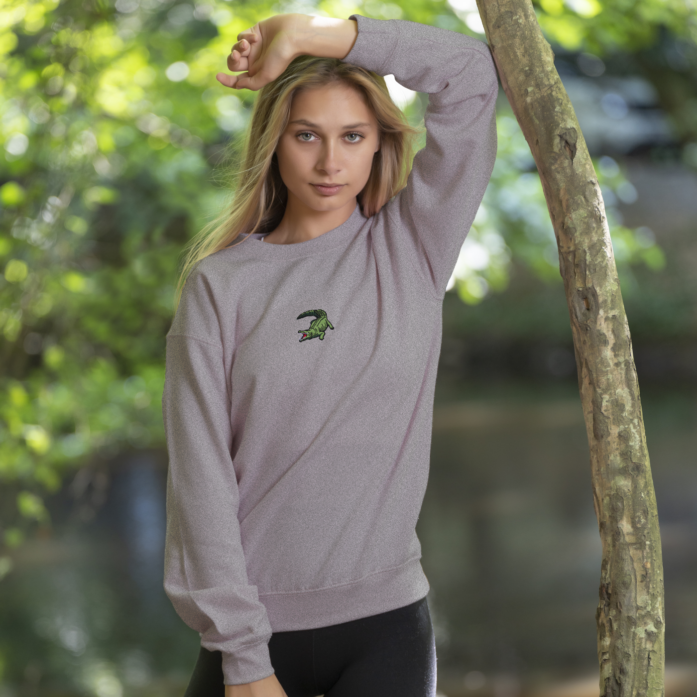 Bobby's Planet Women's Embroidered Saltwater Crocodile Sweatshirt from Australia Down Under Animals Collection in Sport Grey Color#color_sport-grey