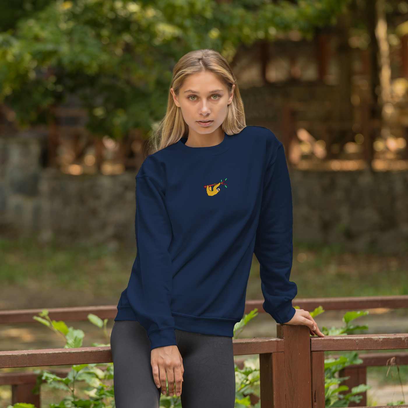 Bobby's Planet Women's Embroidered Sloth Sweatshirt from South American Amazon Animals Collection in Navy Color#color_navy