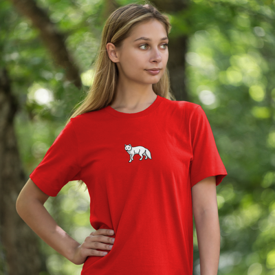 Bobby's Planet Women's Embroidered Arctic Fox T-Shirt from Arctic Polar Animals Collection in Red Color#color_red