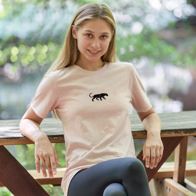Bobby's Planet Women's Embroidered Black Jaguar T-Shirt from South American Amazon Animals Collection in Heather Prism Peach Color#color_heather-prism-peach
