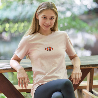 Bobby's Planet Women's Embroidered Clownfish T-Shirt from Seven Seas Fish Animals Collection in Heather Prism Peach Color#color_heather-prism-peach