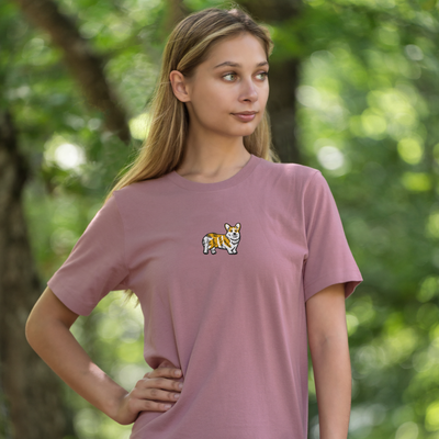 Bobby's Planet Women's Embroidered Corgi T-Shirt from Paws Dog Cat Animals Collection in Mauve Color#color_mauve