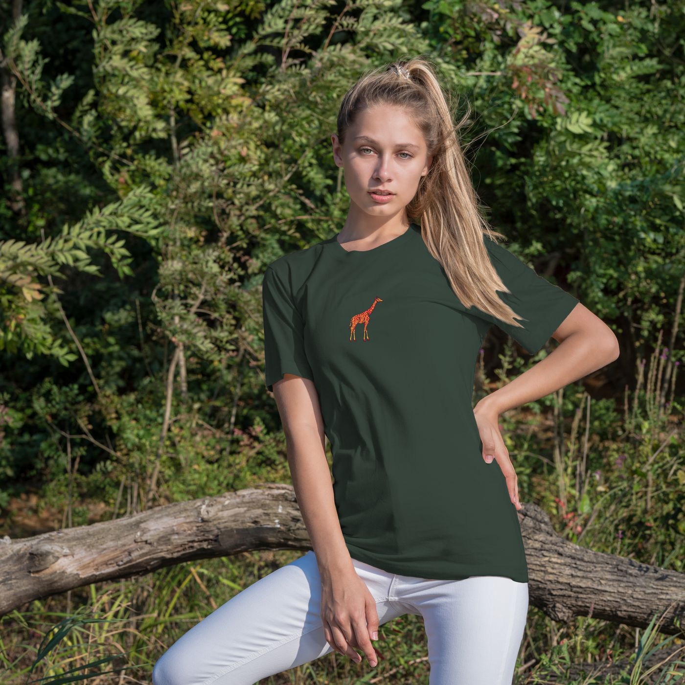 Bobby's Planet Women's Embroidered Giraffe T-Shirt from African Animals Collection in Forest Color#color_forest