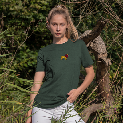 Bobby's Planet Women's Embroidered Lion T-Shirt from African Animals Collection in Heather Forest Color#color_heather-forest