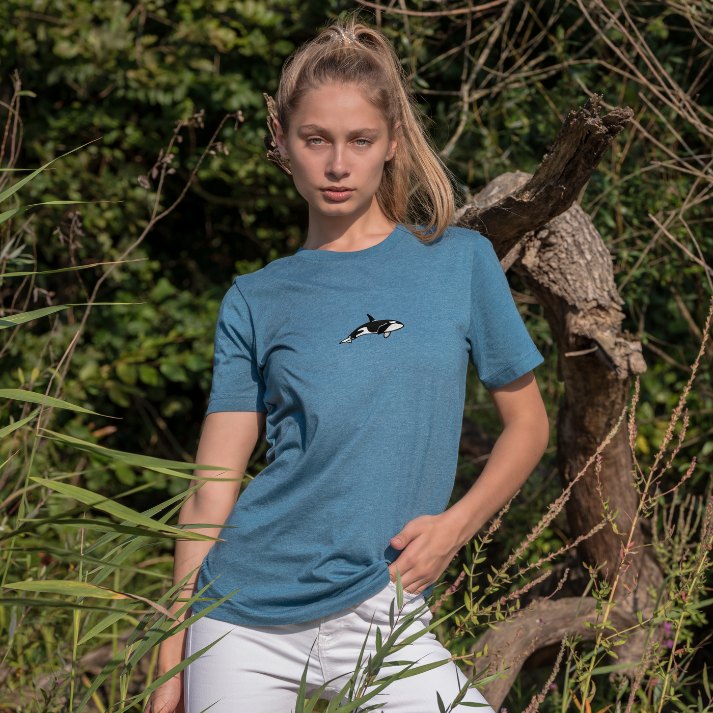 Bobby's Planet Women's Embroidered Orca T-Shirt from Seven Seas Fish Animals Collection in Heather Deep Teal Color#color_heather-deep-teal