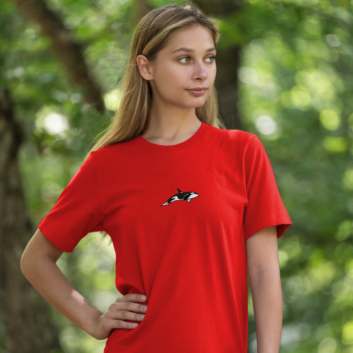 Bobby's Planet Women's Embroidered Orca T-Shirt from Seven Seas Fish Animals Collection in Red Color#color_red