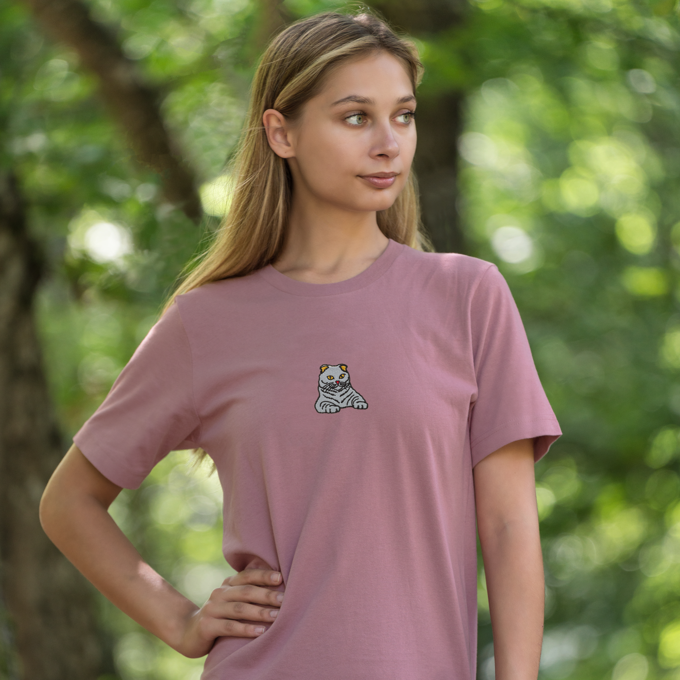 Bobby's Planet Women's Embroidered Scottish Fold T-Shirt from Paws Dog Cat Animals Collection in Mauve Color#color_mauve