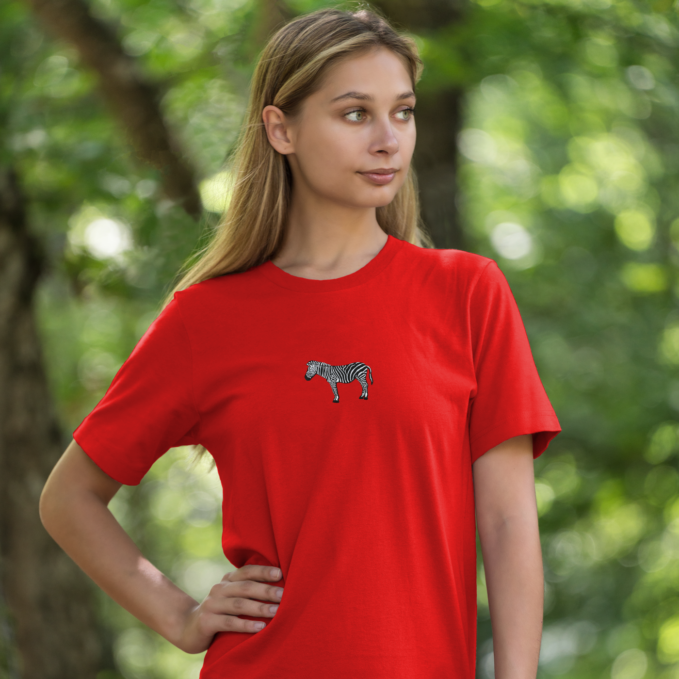 Bobby's Planet Women's Embroidered Zebra T-Shirt from African Animals Collection in Red Color#color_red